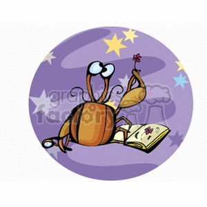This clipart image showcases a whimsical crab reading a book, surrounded by stars. The background is purple with a variety of star shapes, making it suitable for themes related to horoscopes and the zodiac sign Cancer.