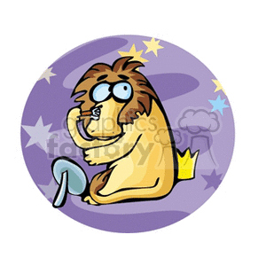 A humorous clipart illustration of the Leo zodiac sign, featuring a cartoon lion sitting with a laid-back, thoughtful expression, against a purple background with stars.