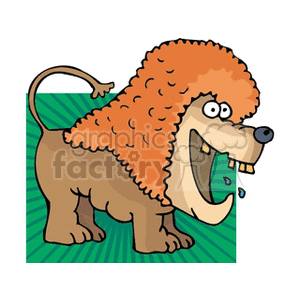 A cartoon illustration of a lion wearing a curly mane, representing the Leo zodiac sign. The lion is smiling with a friendly and humorous expression, set against a green background with radiating lines.