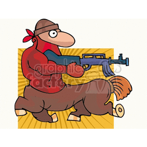 A humorous clipart image of a centaur, part-man and part-horse, holding a rifle weapon. The centaur is depicted with a muscular upper body, wearing a bandana.