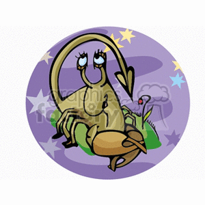 Clipart image of a cartoon-style scorpion representing the Scorpio zodiac sign, with a playful and whimsical look, set against a starry background.