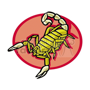 A clipart image of a stylized yellow scorpion, representing the Scorpio zodiac sign, on a red circular background.