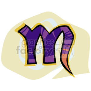 A colorful and artistic clipart image of the Scorpio zodiac sign symbol, represented by a stylized 'M' with a tail. The design features bold outlines and a blend of purple and orange hues.