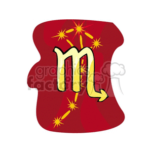 Clipart image of the Scorpio zodiac sign symbol in yellow on a red background with star constellations.