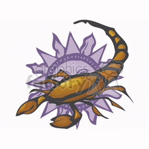 Clipart image of a scorpion with a purple sun-like background, representing the Scorpio star sign.