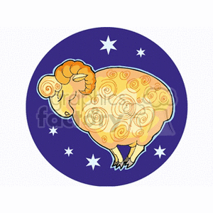 Clipart of an Aries zodiac symbol with a ram depicted inside a purple circle featuring stars.