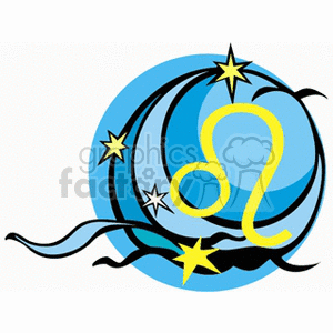 Clipart image of the Leo zodiac sign with star and horoscope theme, featuring the Leo symbol prominently among stars and a blue background.