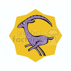 A clipart image of a aries star sign symbol, featuring a purple goat-like creature within a yellow, twelve-sided geometric shape.