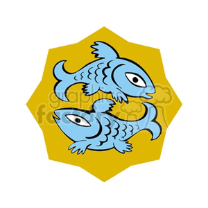 This clipart image features two stylized blue fish swimming in opposite directions, arranged within an abstract yellow star-like shape. It represents the Pisces zodiac sign.