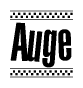 The image contains the text Auge in a bold, stylized font, with a checkered flag pattern bordering the top and bottom of the text.