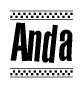 The image contains the text Anda in a bold, stylized font, with a checkered flag pattern bordering the top and bottom of the text.