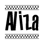 The image is a black and white clipart of the text Aliza in a bold, italicized font. The text is bordered by a dotted line on the top and bottom, and there are checkered flags positioned at both ends of the text, usually associated with racing or finishing lines.