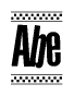 The image is a black and white clipart of the text Abe in a bold, italicized font. The text is bordered by a dotted line on the top and bottom, and there are checkered flags positioned at both ends of the text, usually associated with racing or finishing lines.