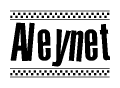 The image is a black and white clipart of the text Aleynet in a bold, italicized font. The text is bordered by a dotted line on the top and bottom, and there are checkered flags positioned at both ends of the text, usually associated with racing or finishing lines.