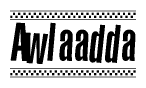 The clipart image displays the text Awlaadda in a bold, stylized font. It is enclosed in a rectangular border with a checkerboard pattern running below and above the text, similar to a finish line in racing. 