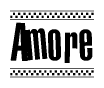 The image is a black and white clipart of the text Amore in a bold, italicized font. The text is bordered by a dotted line on the top and bottom, and there are checkered flags positioned at both ends of the text, usually associated with racing or finishing lines.