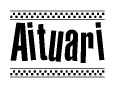 The image is a black and white clipart of the text Aituari in a bold, italicized font. The text is bordered by a dotted line on the top and bottom, and there are checkered flags positioned at both ends of the text, usually associated with racing or finishing lines.