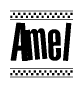 The image is a black and white clipart of the text Amel in a bold, italicized font. The text is bordered by a dotted line on the top and bottom, and there are checkered flags positioned at both ends of the text, usually associated with racing or finishing lines.