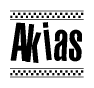 The image is a black and white clipart of the text Akias in a bold, italicized font. The text is bordered by a dotted line on the top and bottom, and there are checkered flags positioned at both ends of the text, usually associated with racing or finishing lines.