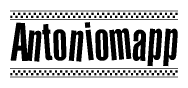 The image contains the text Antoniomapp in a bold, stylized font, with a checkered flag pattern bordering the top and bottom of the text.