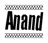 The image is a black and white clipart of the text Anand in a bold, italicized font. The text is bordered by a dotted line on the top and bottom, and there are checkered flags positioned at both ends of the text, usually associated with racing or finishing lines.