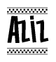 The image contains the text Aziz in a bold, stylized font, with a checkered flag pattern bordering the top and bottom of the text.