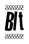 The image contains the text Blt in a bold, stylized font, with a checkered flag pattern bordering the top and bottom of the text.