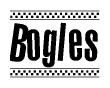 The image contains the text Bogles in a bold, stylized font, with a checkered flag pattern bordering the top and bottom of the text.