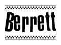 The clipart image displays the text Berrett in a bold, stylized font. It is enclosed in a rectangular border with a checkerboard pattern running below and above the text, similar to a finish line in racing. 