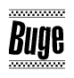 The image contains the text Buge in a bold, stylized font, with a checkered flag pattern bordering the top and bottom of the text.