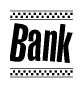 The image contains the text Bank in a bold, stylized font, with a checkered flag pattern bordering the top and bottom of the text.