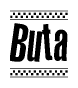 The image contains the text Buta in a bold, stylized font, with a checkered flag pattern bordering the top and bottom of the text.