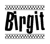 The image contains the text Birgit in a bold, stylized font, with a checkered flag pattern bordering the top and bottom of the text.