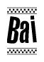 The image is a black and white clipart of the text Bai in a bold, italicized font. The text is bordered by a dotted line on the top and bottom, and there are checkered flags positioned at both ends of the text, usually associated with racing or finishing lines.