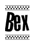 The image contains the text Bex in a bold, stylized font, with a checkered flag pattern bordering the top and bottom of the text.