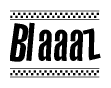 The image contains the text Blaaaz in a bold, stylized font, with a checkered flag pattern bordering the top and bottom of the text.