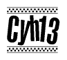 The image is a black and white clipart of the text Cyh13 in a bold, italicized font. The text is bordered by a dotted line on the top and bottom, and there are checkered flags positioned at both ends of the text, usually associated with racing or finishing lines.