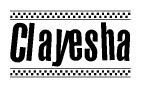 The image contains the text Clayesha in a bold, stylized font, with a checkered flag pattern bordering the top and bottom of the text.