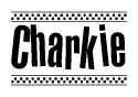 The image contains the text Charkie in a bold, stylized font, with a checkered flag pattern bordering the top and bottom of the text.