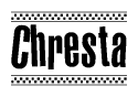 The image contains the text Chresta in a bold, stylized font, with a checkered flag pattern bordering the top and bottom of the text.