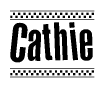 The clipart image displays the text Cathie in a bold, stylized font. It is enclosed in a rectangular border with a checkerboard pattern running below and above the text, similar to a finish line in racing. 