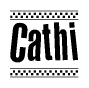 The clipart image displays the text Cathi in a bold, stylized font. It is enclosed in a rectangular border with a checkerboard pattern running below and above the text, similar to a finish line in racing. 