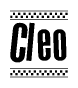 The image is a black and white clipart of the text Cleo in a bold, italicized font. The text is bordered by a dotted line on the top and bottom, and there are checkered flags positioned at both ends of the text, usually associated with racing or finishing lines.