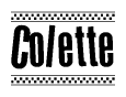 The image contains the text Colette in a bold, stylized font, with a checkered flag pattern bordering the top and bottom of the text.