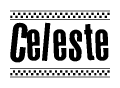 The clipart image displays the text Celeste in a bold, stylized font. It is enclosed in a rectangular border with a checkerboard pattern running below and above the text, similar to a finish line in racing. 