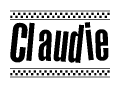 The image contains the text Claudie in a bold, stylized font, with a checkered flag pattern bordering the top and bottom of the text.