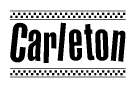 The image contains the text Carleton in a bold, stylized font, with a checkered flag pattern bordering the top and bottom of the text.