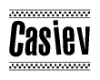 The clipart image displays the text Casiev in a bold, stylized font. It is enclosed in a rectangular border with a checkerboard pattern running below and above the text, similar to a finish line in racing. 