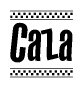 The image is a black and white clipart of the text Caza in a bold, italicized font. The text is bordered by a dotted line on the top and bottom, and there are checkered flags positioned at both ends of the text, usually associated with racing or finishing lines.
