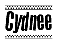 The image is a black and white clipart of the text Cydnee in a bold, italicized font. The text is bordered by a dotted line on the top and bottom, and there are checkered flags positioned at both ends of the text, usually associated with racing or finishing lines.